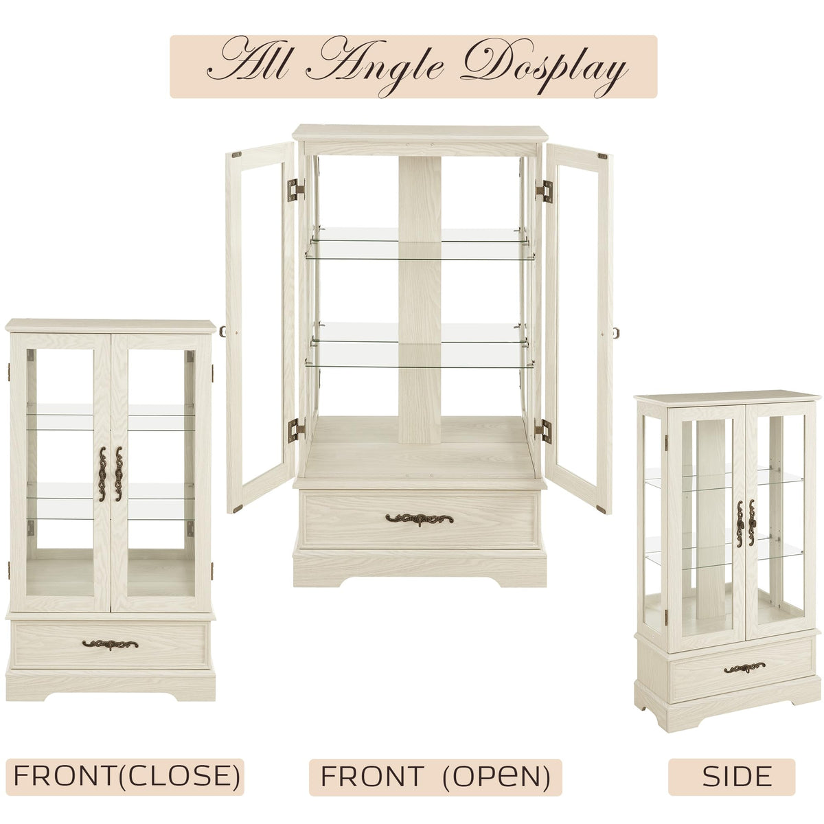 47" Lighted Glass Accent Curio Cabinet, 3-Tier Antique Storage Cage with Adjustable Shelves & Drawer, Acrylic Mirrored Pane, Light Bulb Included, Small China Cabinet for Living Room (Antiqe White)
