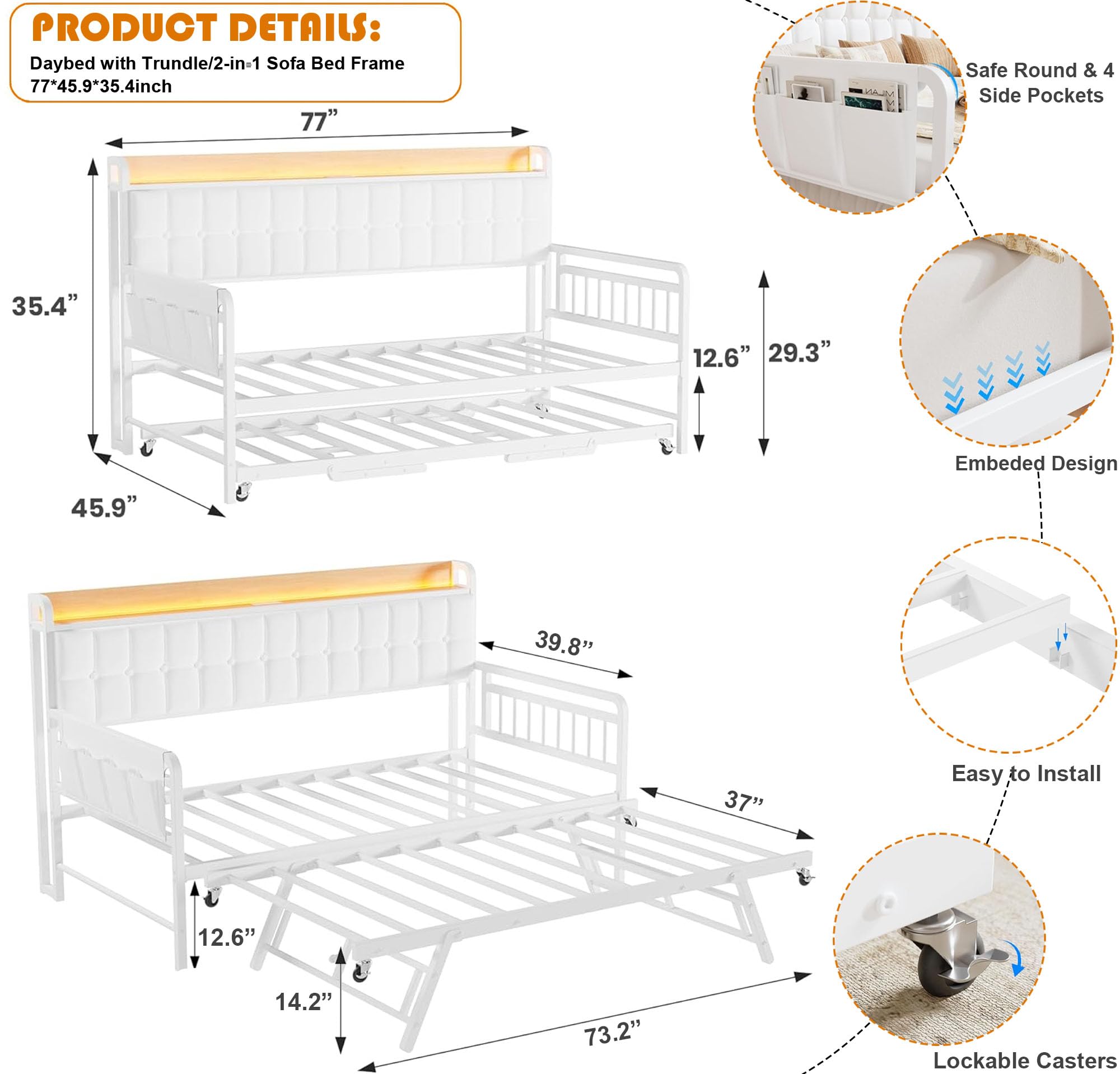 Daybed with Trundle, Metal Twin Bed Frame with Upholstered Storage Headboard, Charging Station & LED, Sofa Day Bed with Pop Up Trundle, Side Pockets, Sturdy Supports for Living Room and Bedroom, White