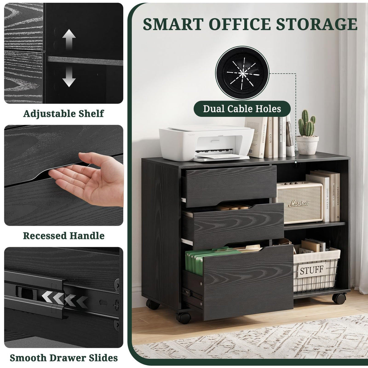 Lateral File Cabinet with 3 Drawers, Rolling Filing Cabinet with Wheels
