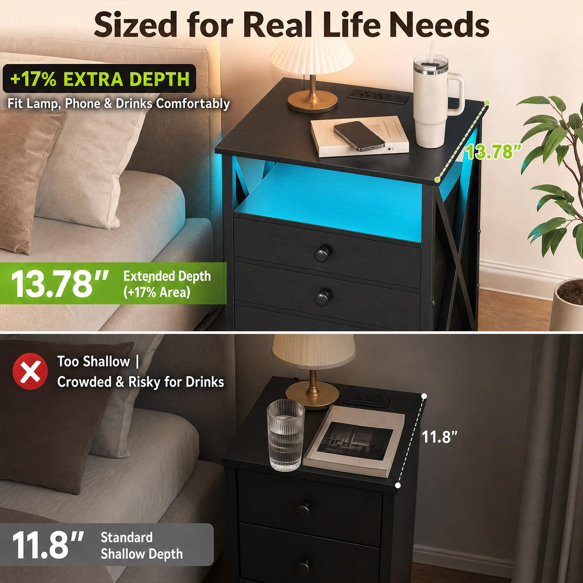 LED Nightstands with Charging Station, Set of 2