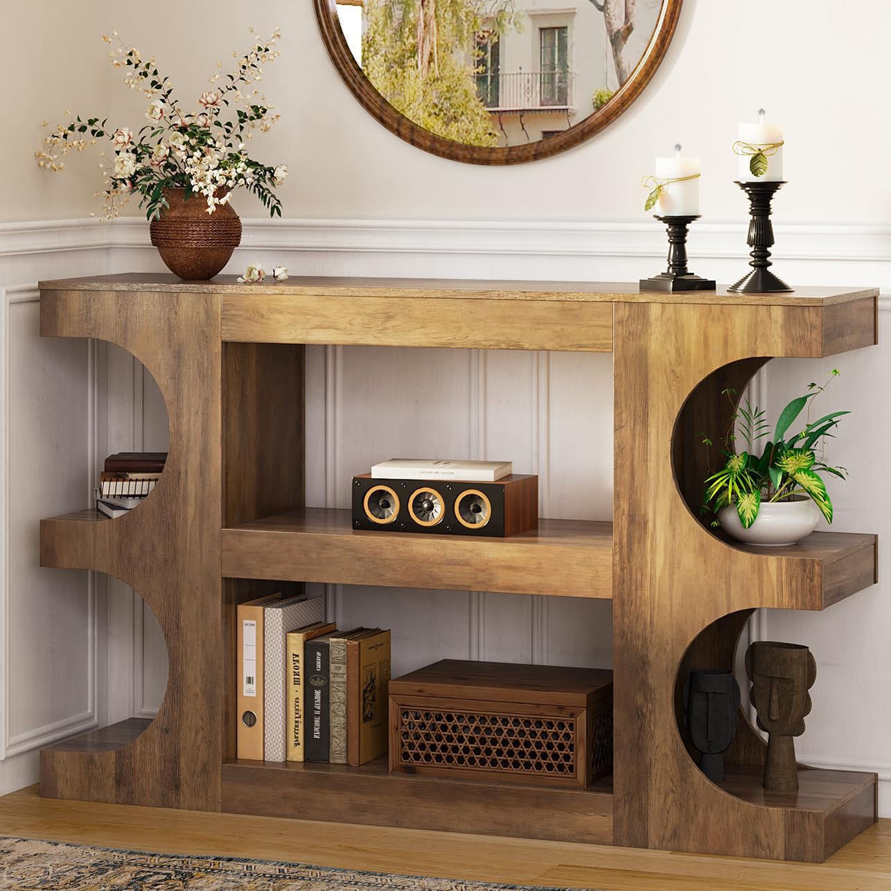 Tohomeor Console Tables for Entryway 47.24-Inch, Wooden Sofa Table Behind The Couch, Farmhouse Wooden Entry Foyer Tables for Entrance Hallway Living Room Home, Arched,Retro Brown