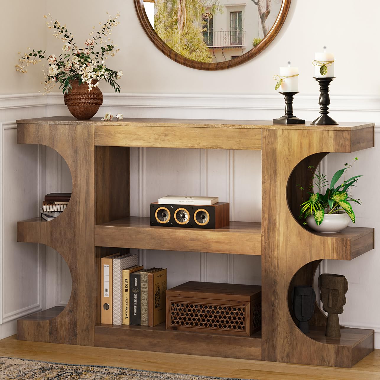Tohomeor Console Tables for Entryway 47.24-Inch, Wooden Sofa Table Behind The Couch, Farmhouse Wooden Entry Foyer Tables for Entrance Hallway Living Room Home, Arched,Retro Brown