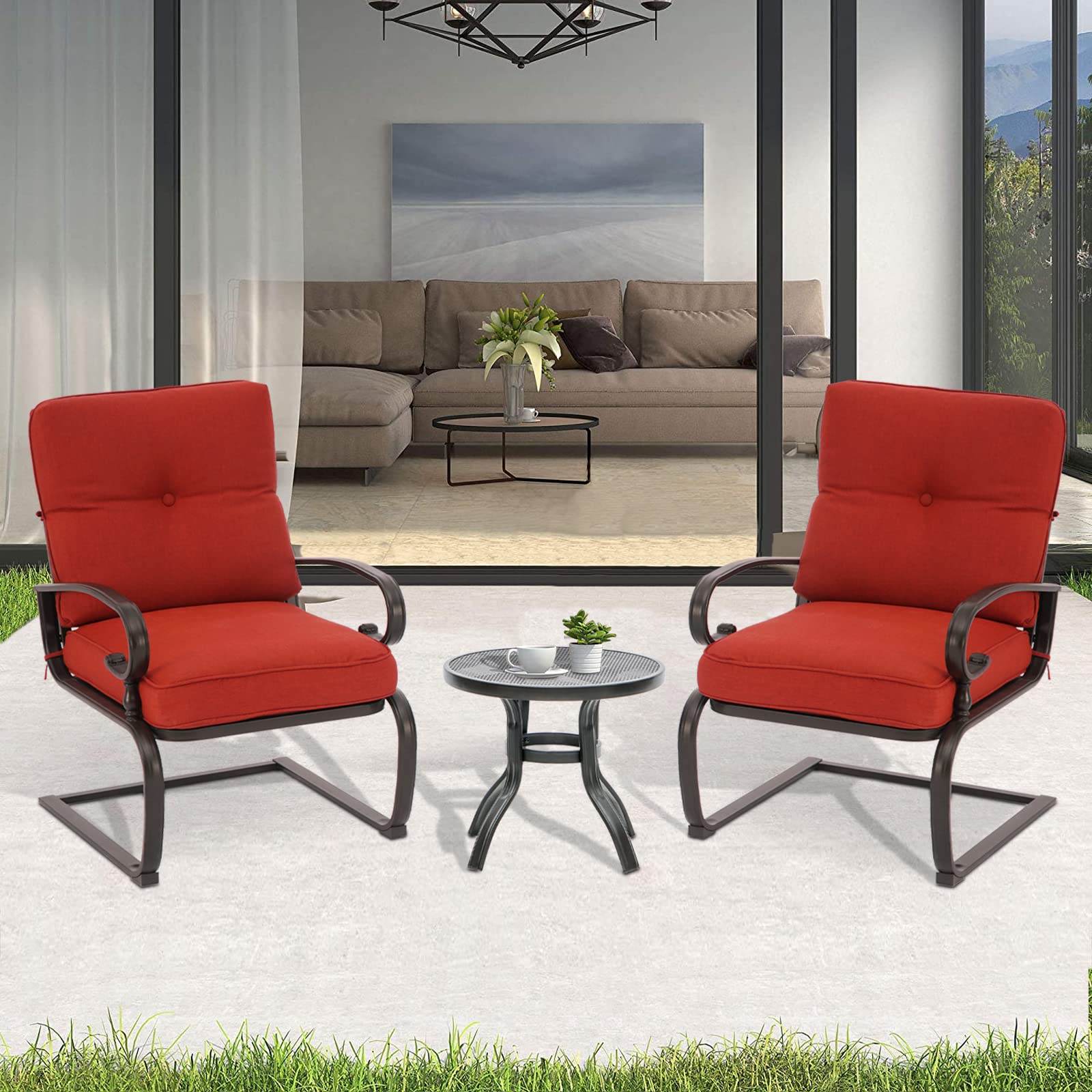 Oakcloud Outdoor Bistro Set 3-Piece Spring Metal Lounge Cushioned Chairs and Bistro Table Set Wrought Iron Cafe Furniture Seat, Red