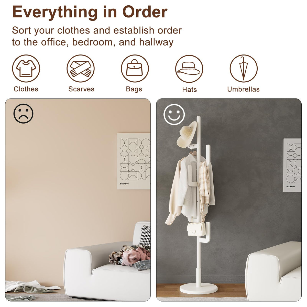 Muwuele Solid Wood Cactus Coat Rack, Freestanding Coat Rack With 6 L-Shaped Hooks and 3 Adjustable Sizes, Coat Tree for Bedroom, Entryway, Livingroom, Coat Hanger Stand for Coats, Handbags (White)