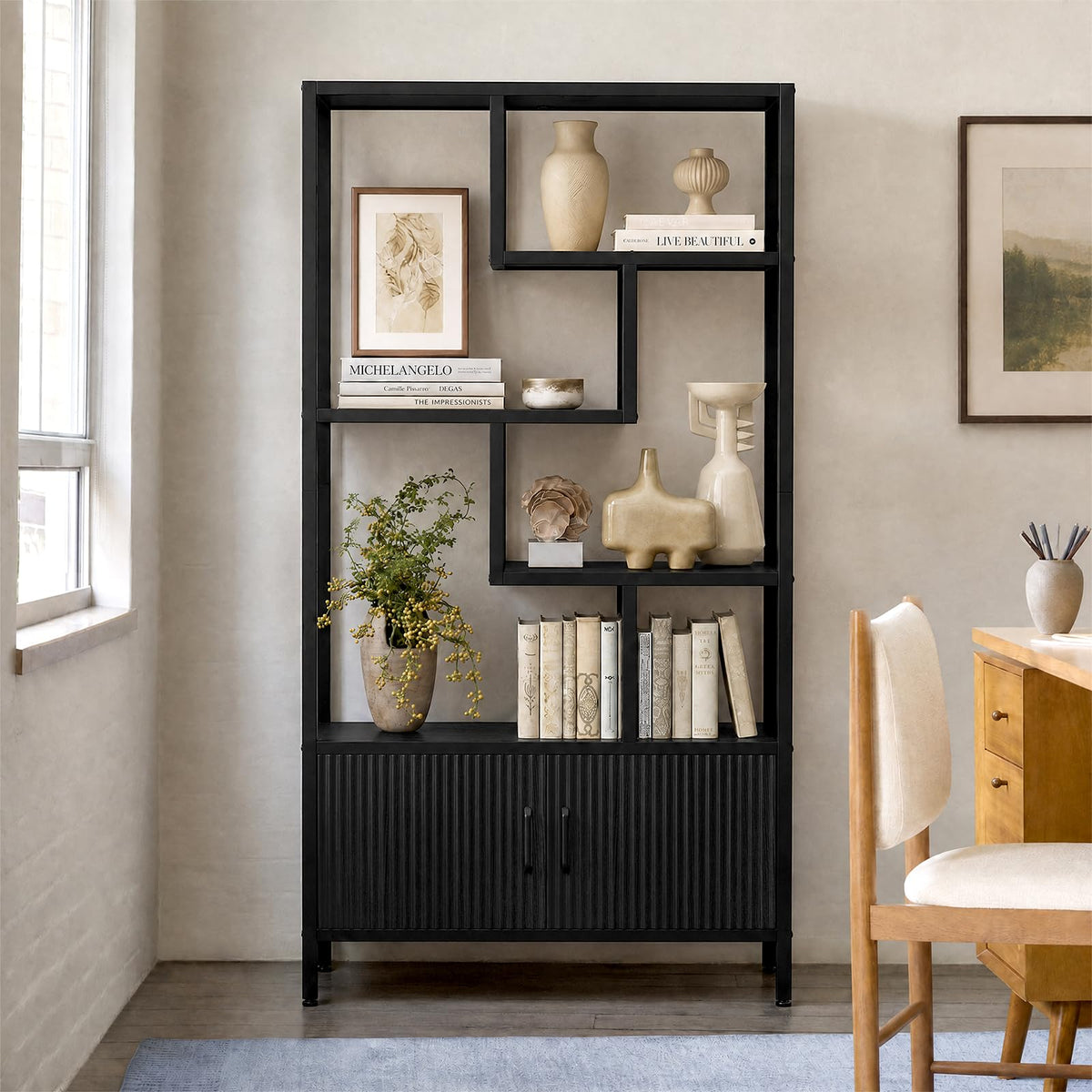 5-Tier Bookcase with Fluted Cabinet