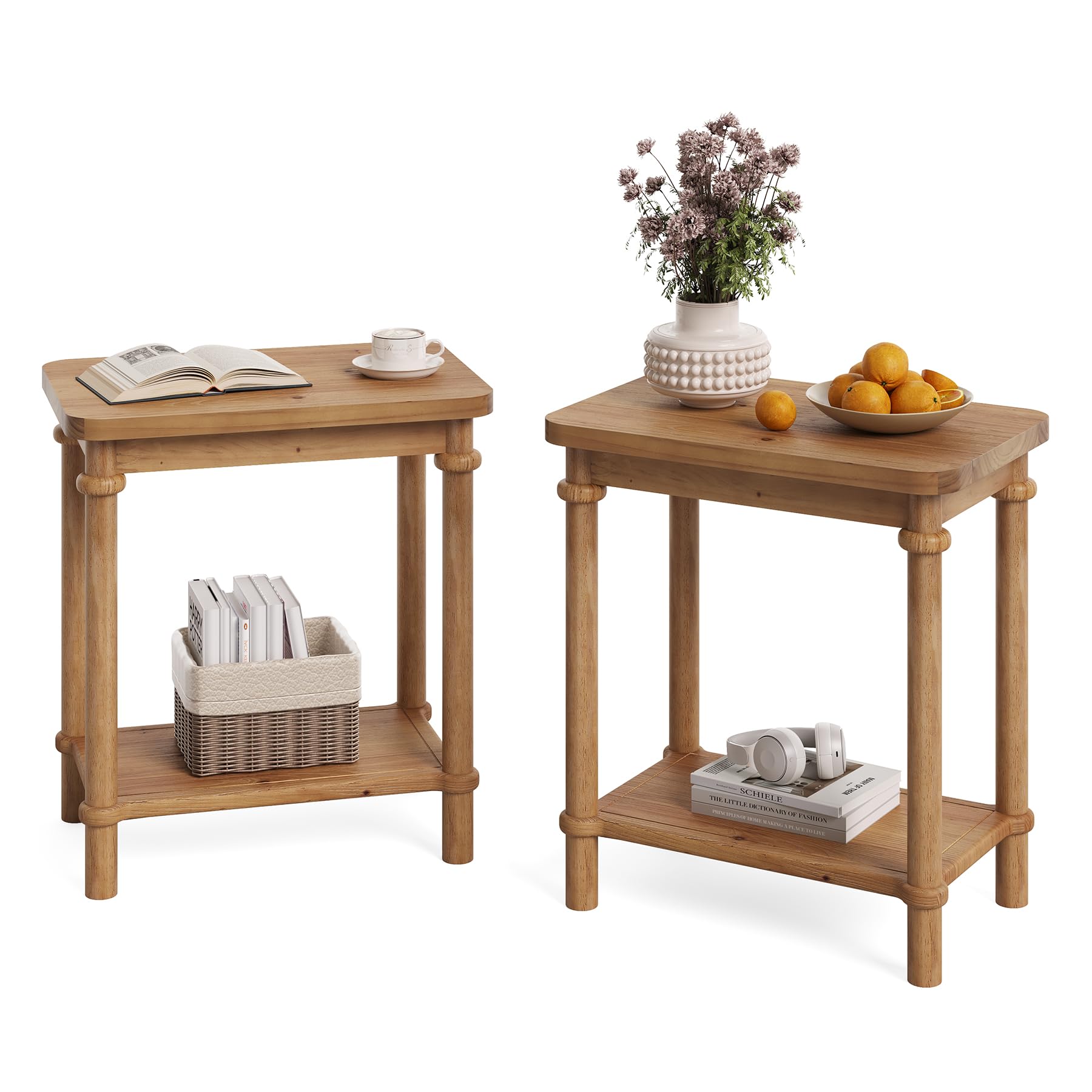 LITTLE TREE 2-Tier Side Table, Rectangular End Table with Storage Shelves & Round Tabletop Edges, Solid Wood Nightstand for Small Spaces, Living Room, Bedroom, Easy Assembly, Light Brown