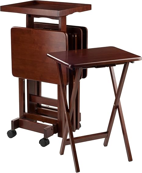 5-Piece Solid Wood Snack Table Set with Rolling Stand
