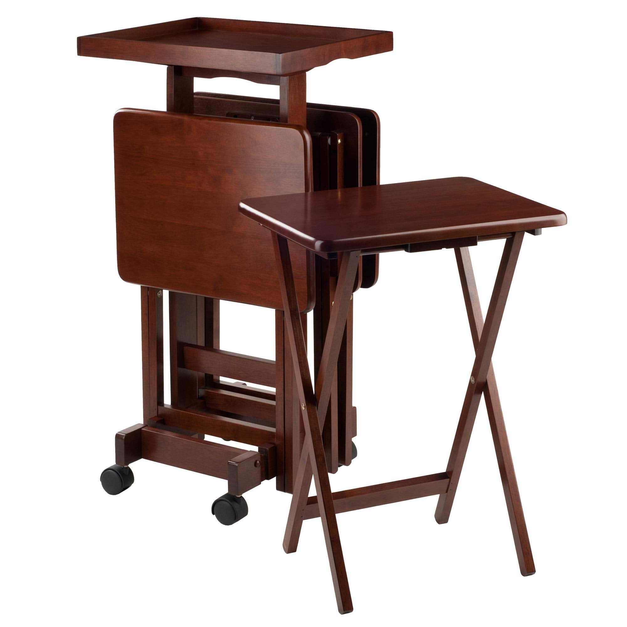 5-Piece Solid Wood Snack Table Set with Rolling Stand