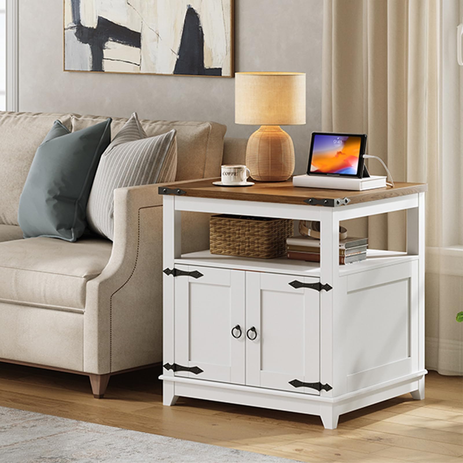 Farmhouse End Table with Charging Station and Barn Door
