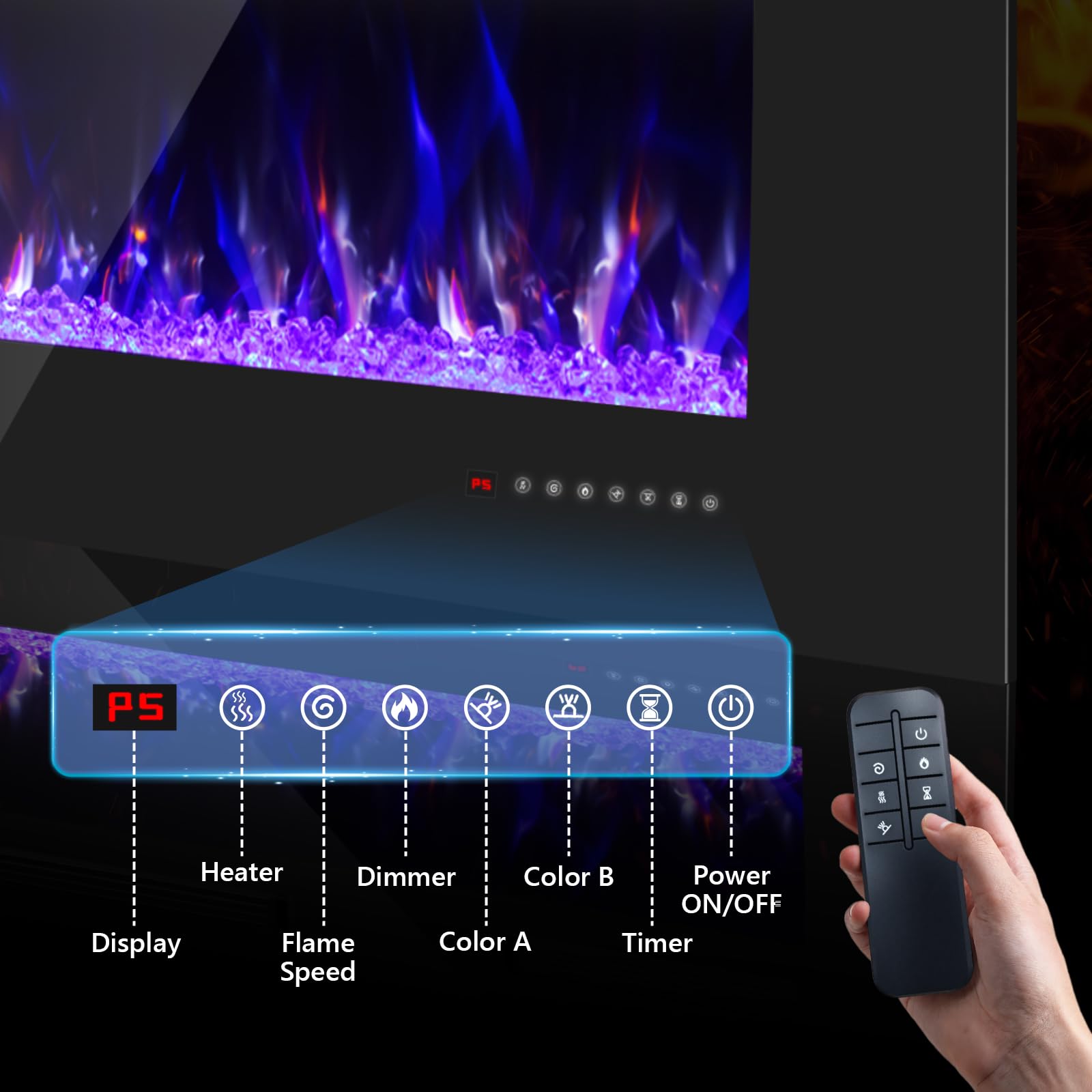 36 Inch Electric Fireplace with Crystal, Electric Fireplaces Insert, Wall Mounted/Recessed Fireplace with Remote Control, 12-Color Flame, Brightness & Speed