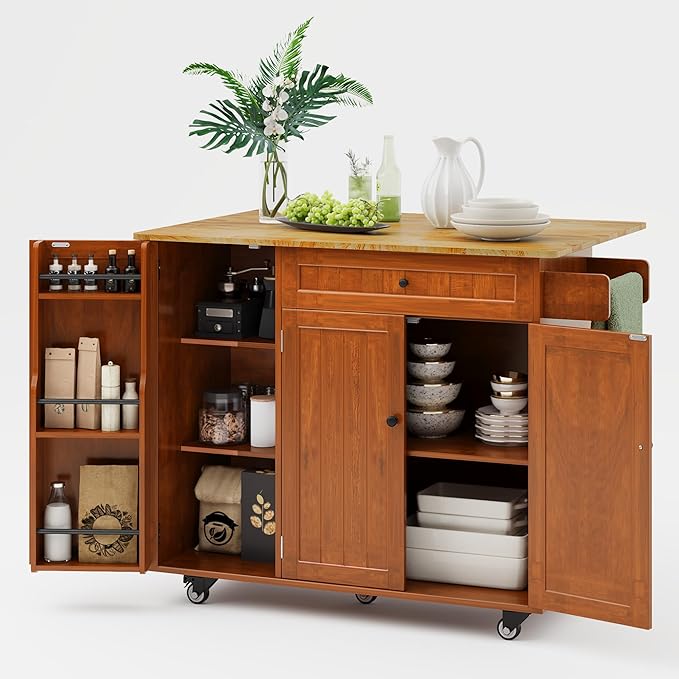 Kitchen Island with Drop Leaf, Storage Cabinet & Drawer