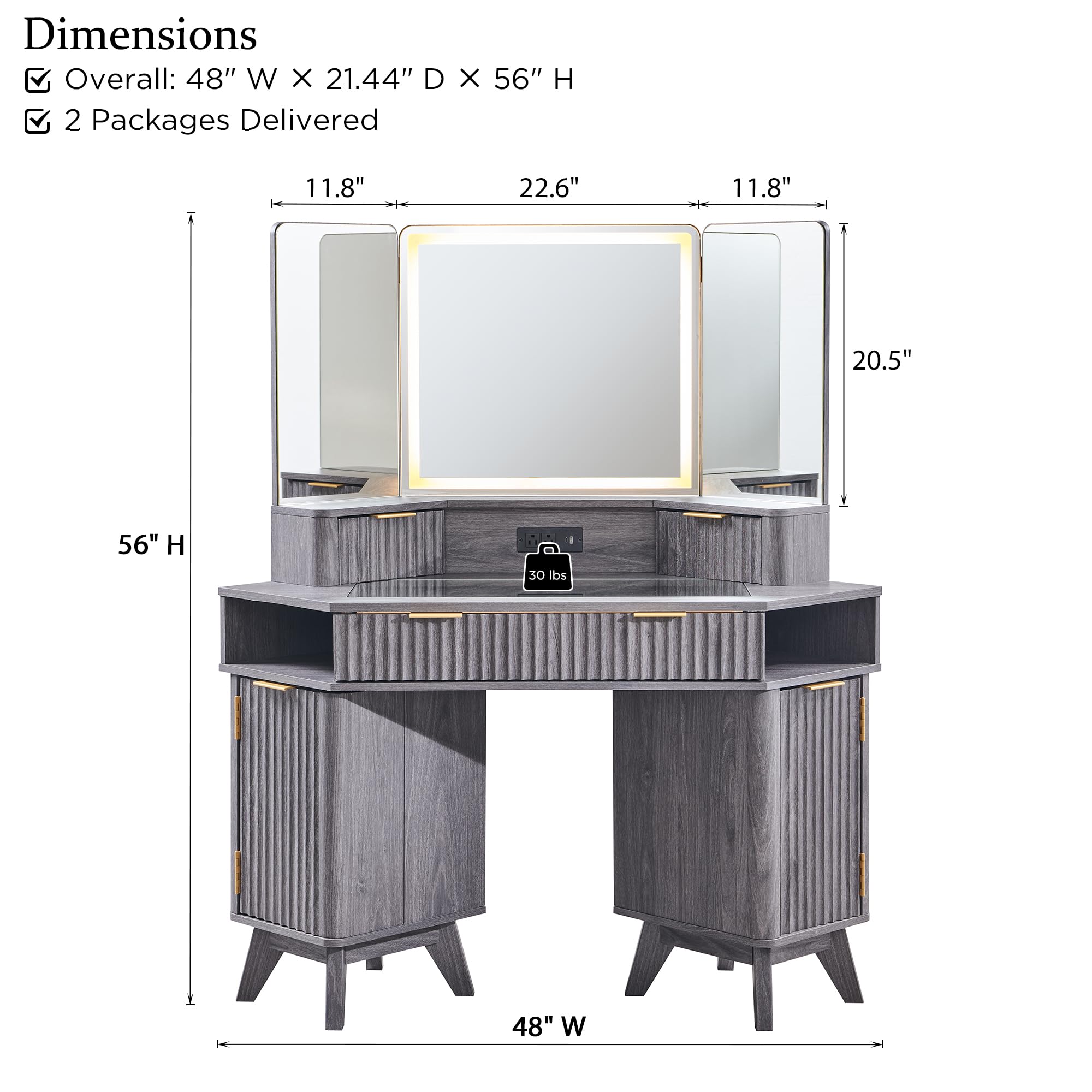 T4TREAM Fluted Makeup Vanity Desk with 3 Way Mirror and Lights, 48" Large Corner Vanity Table with Glass Top, Charging Station, 3 Drawers, Storage Cabinets & Shelves, for Bedroom, Dark Alder