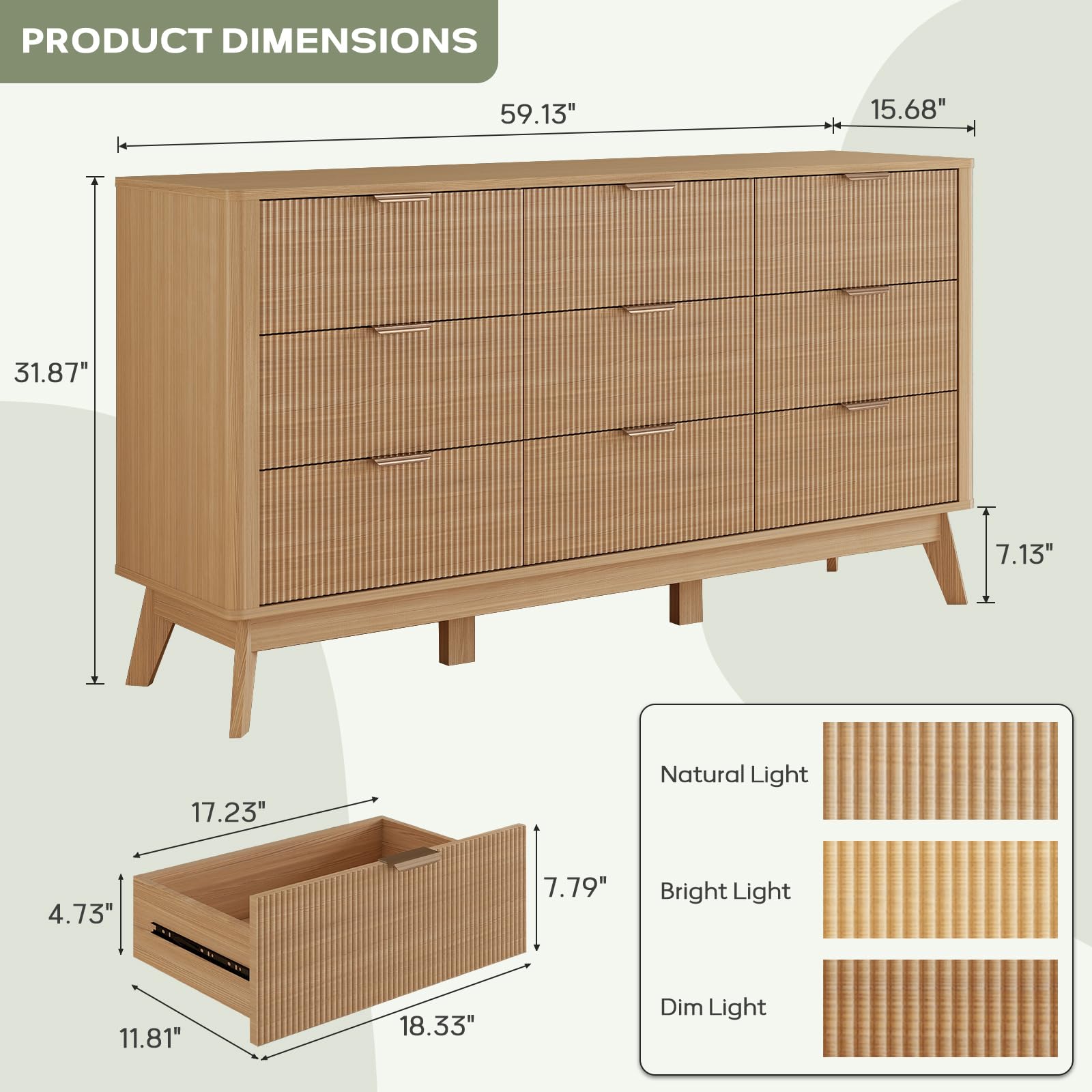 GRAINLLE Fluted Dresser for Bedroom,59'' Modern Wooden Dresser with 9 Drawers, Bedroom Dressers, Natural Wood Chest of Drawers for Living Room, Hallway (Oak)