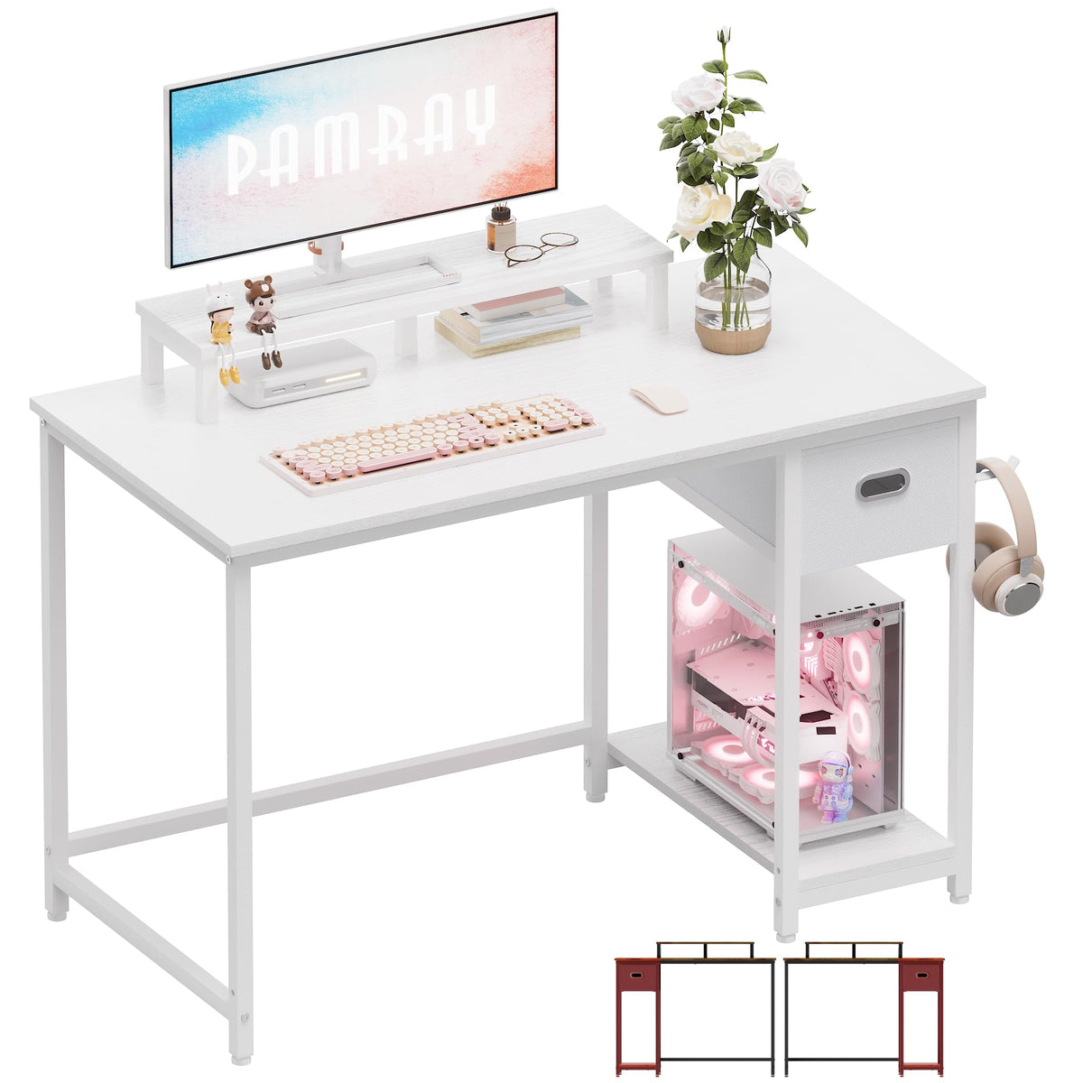 Pamray 39 Inch Small Computer Desk with Monitor Stand and Drawer for Gaming