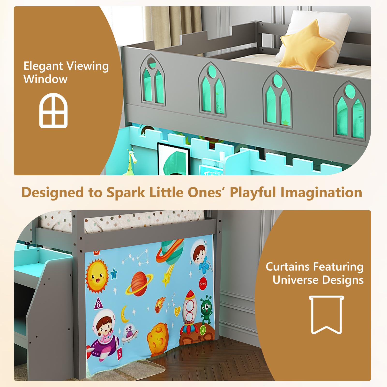 Twin Low Loft Bed with LED Lights & Storage