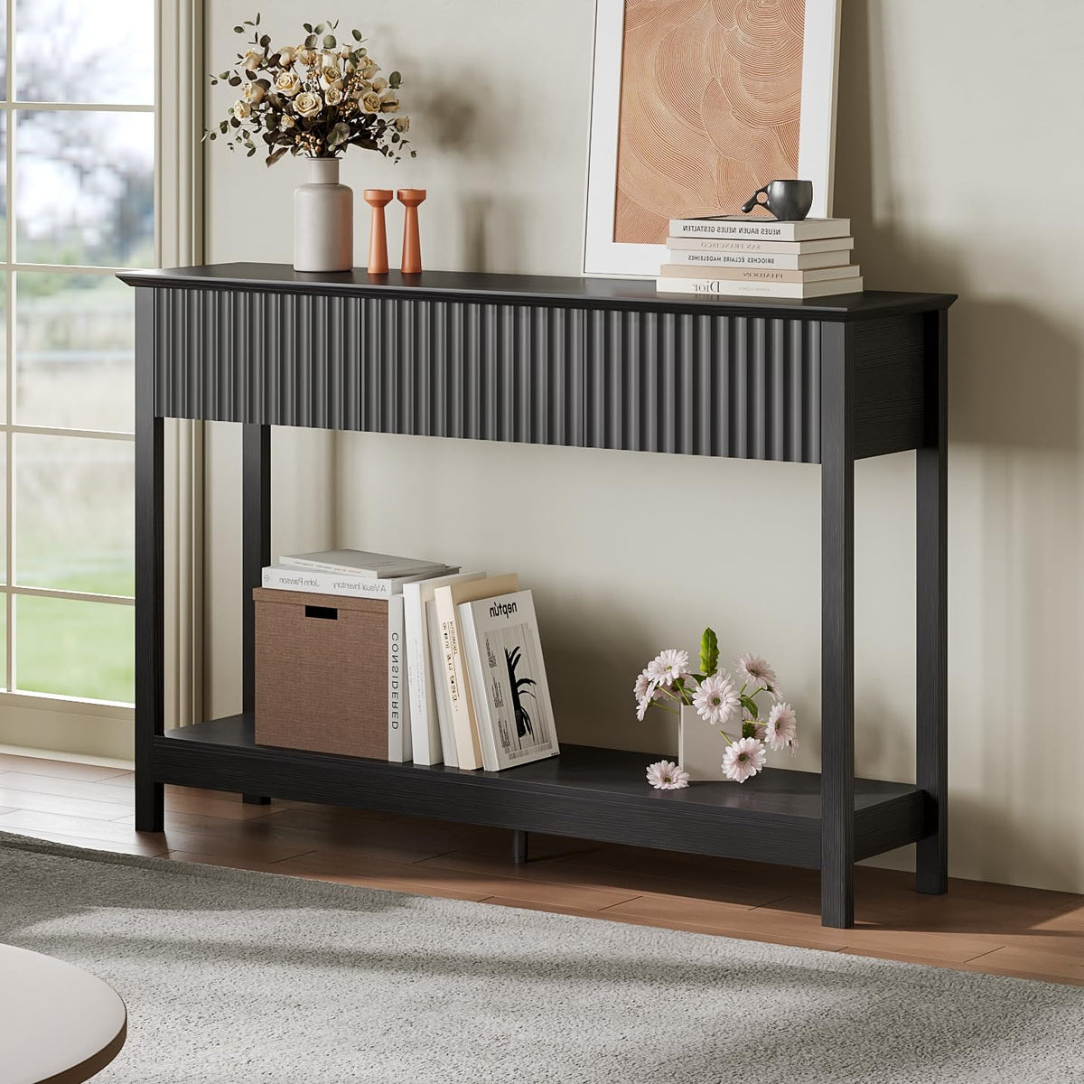 Treocho 47" Fluted Console Table with 3 Drawers and Storage Shelf