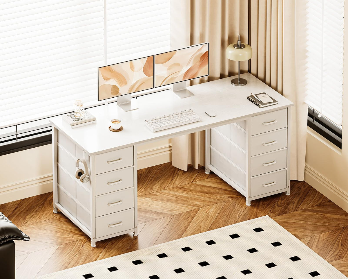 White Computer Desk with 8 Drawers