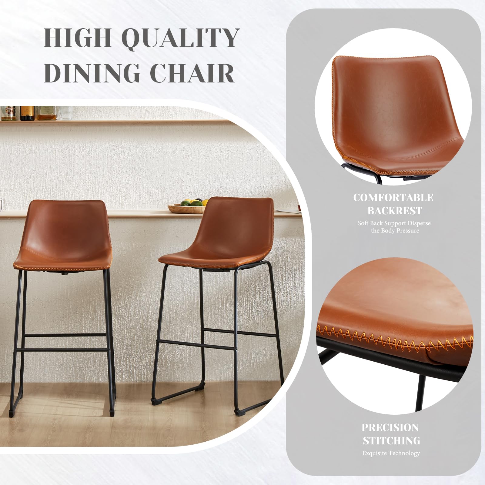Counter Height Bar Stools Set of 2 – Brown Faux Leather, Metal Legs