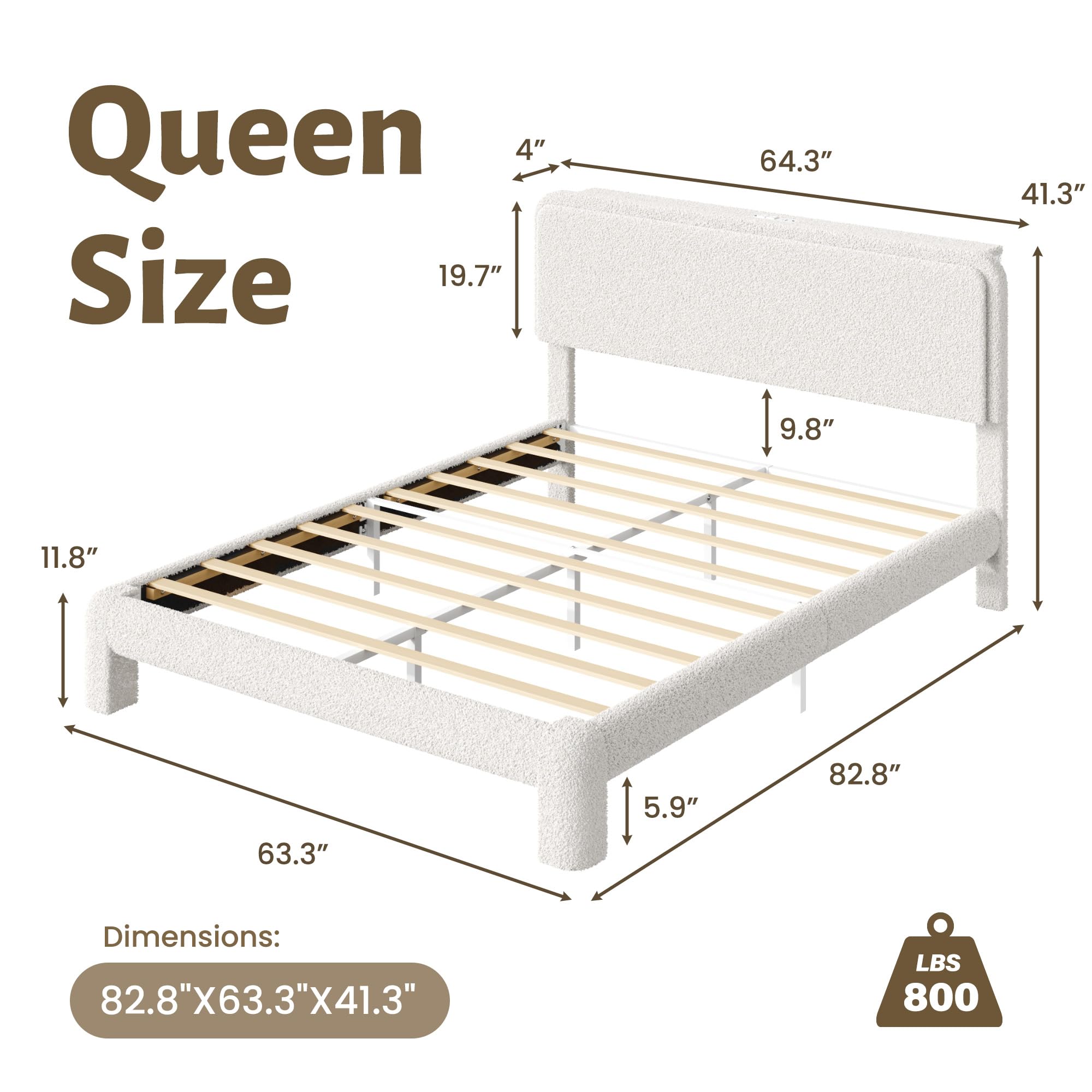 Lifezone Queen Upholstered Bed Frame, Sturdy Noise-Free Metal Support, Boucle Cloud Headboard with Charging Station & LED Lights, No Box Spring Needed, Beige