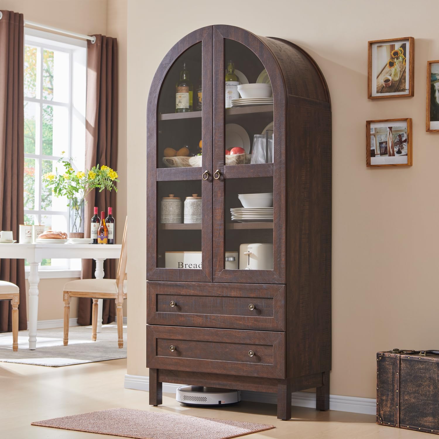 Tall Arched Kitchen Pantry Cabinet with Glass Doors