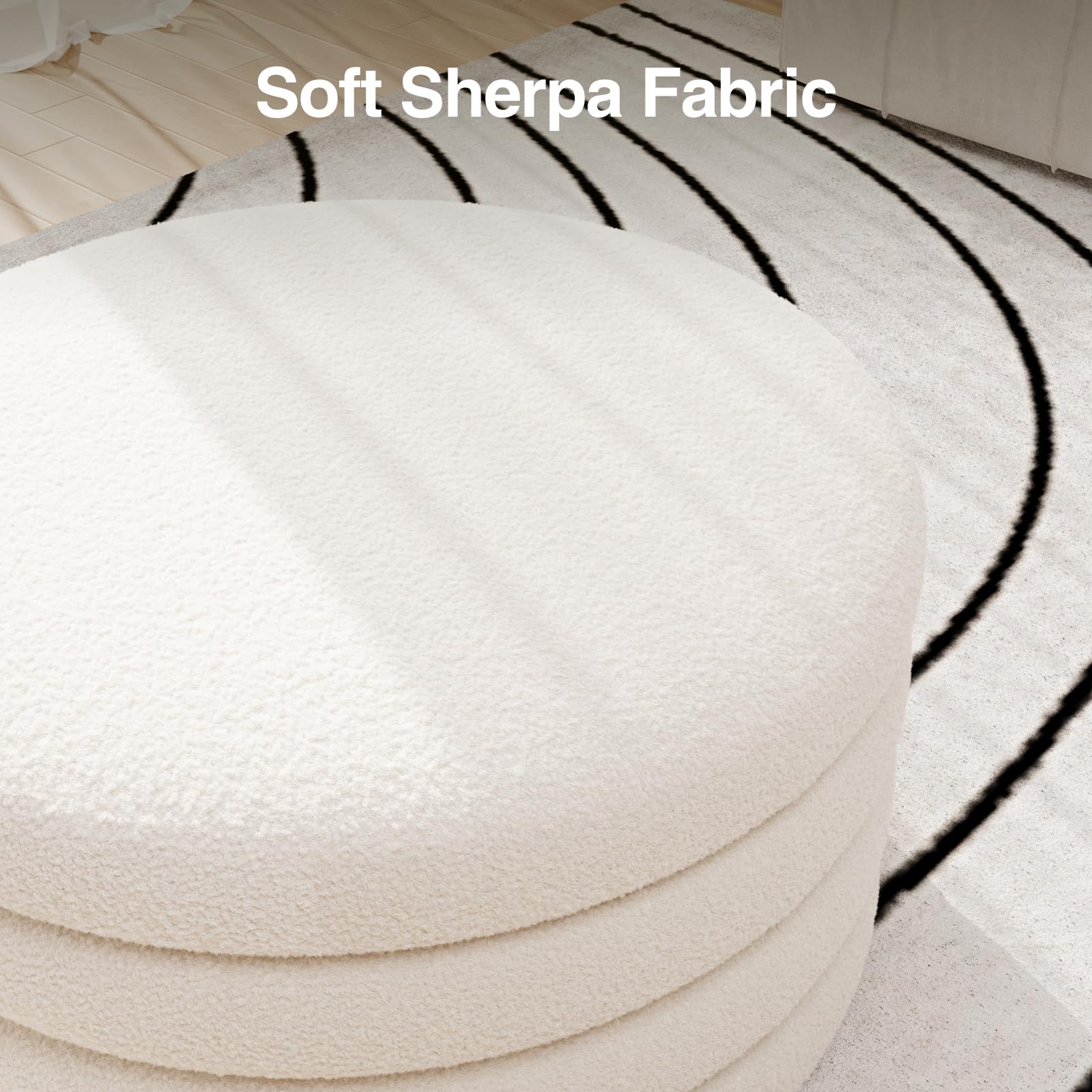 Round Sherpa Storage Ottoman with Tray
