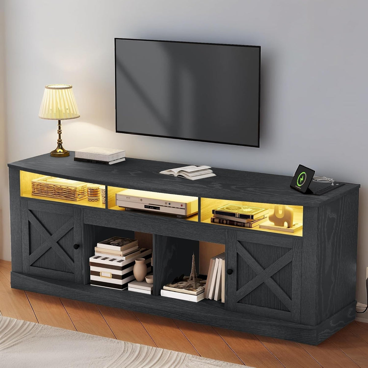 Black Farmhouse LED TV Stand