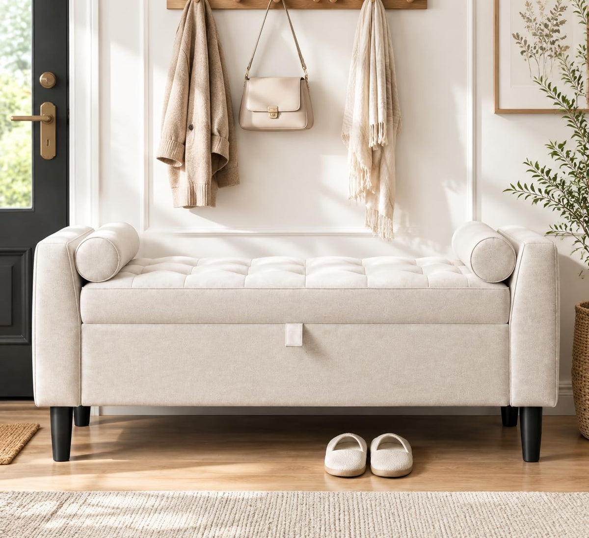 Garvee 46.5 in Storage Ottoman Bench – Upholstered End-of-Bed Storage Chest with Rolled Armrests & Wood Legs, Entryway Shoe Bench and Footrest Seat for Hallway, Bedroom & Living Room （Beige）