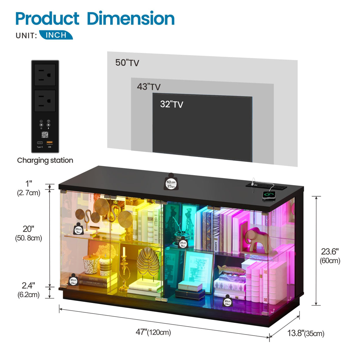 Lvifur 47.2" W Display Cabinet with Glass Doors and Sensor RGB Lights,Black