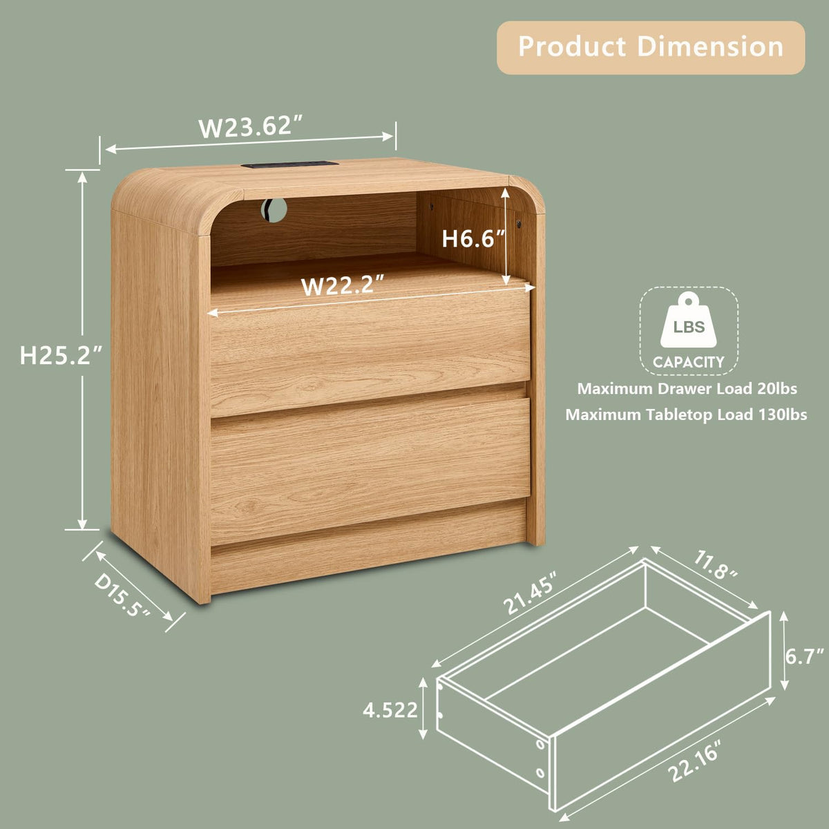 Aitjunz 25" Tall Modern Nightstand Set of 2, Wood Bedside Table,Natural Oak