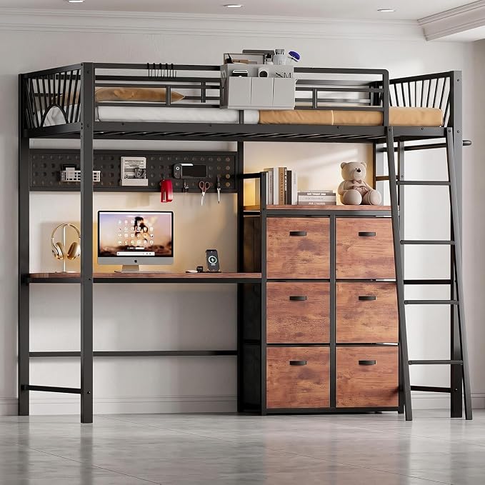 Twin Metal Loft Bed with Desk & Storage