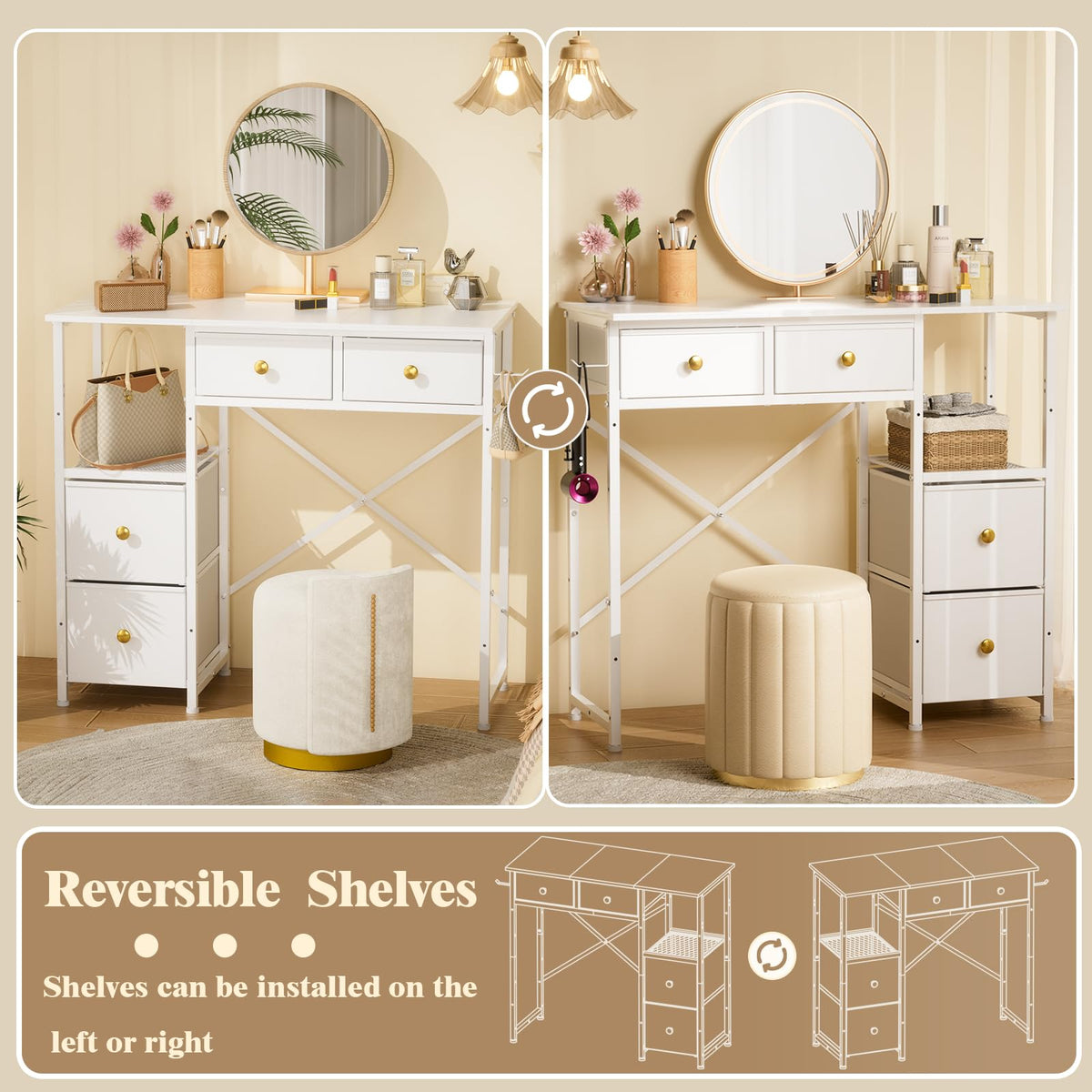 3IngSeagulls White Vanity Desk Without Mirror, Small Makeup Desk with 4 Fabric Drawers, 33.5 Inches Dressing Table with Storage, Vanity Table for Bedroom with Hook, White