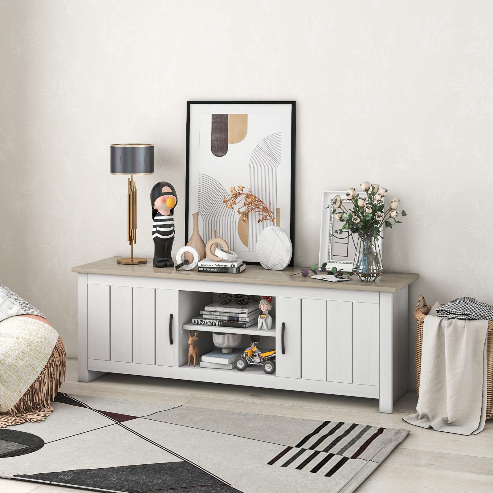57" TV Stand with Cabinets & Open Shelves