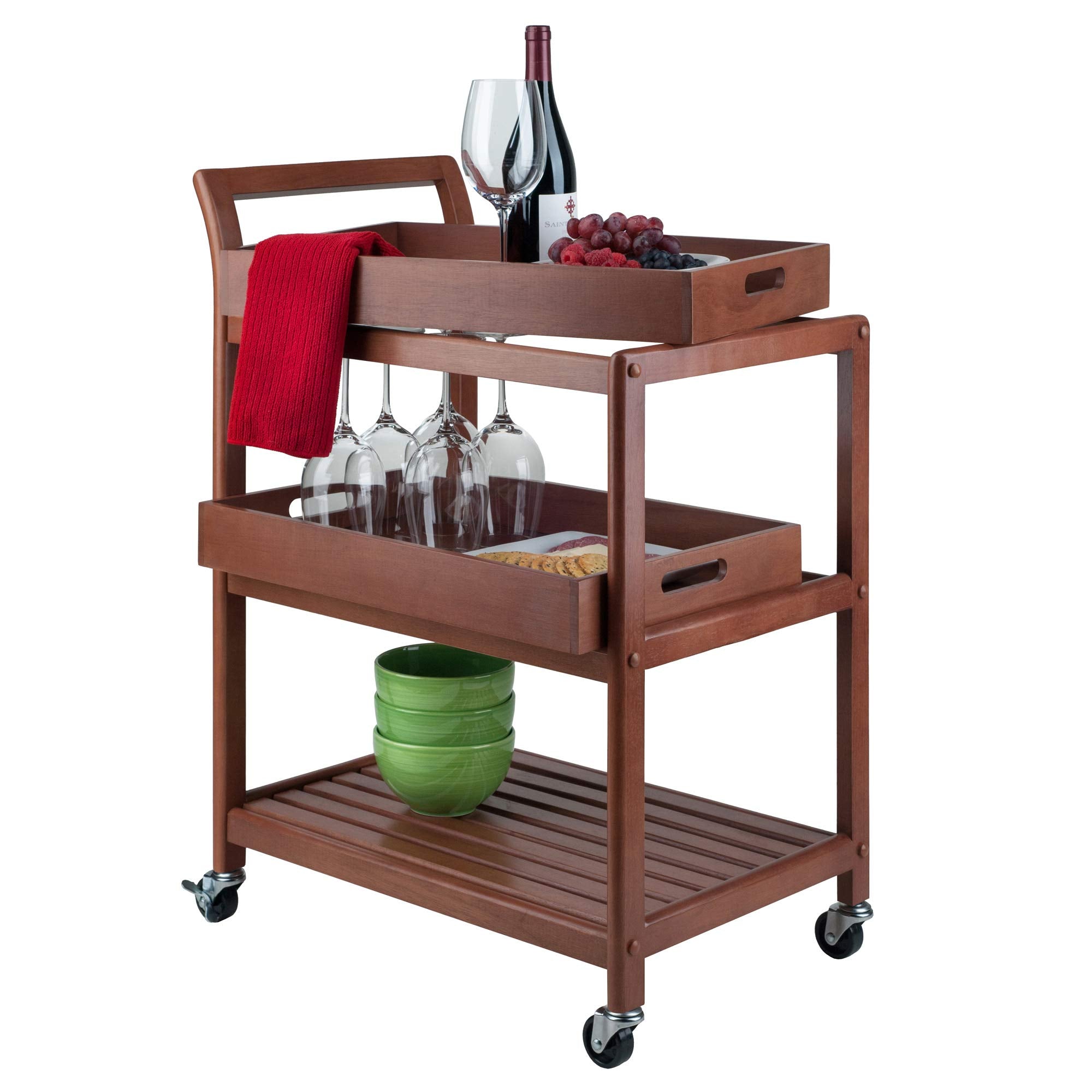 Winsome Albert 3-Tier Serving Cart, 33" in Walnut, Rolling Utility Bar Cart with Wheels for Snacks, Drinks, Kitchen Essentials, Storage & Organization for the Home or Apartment
