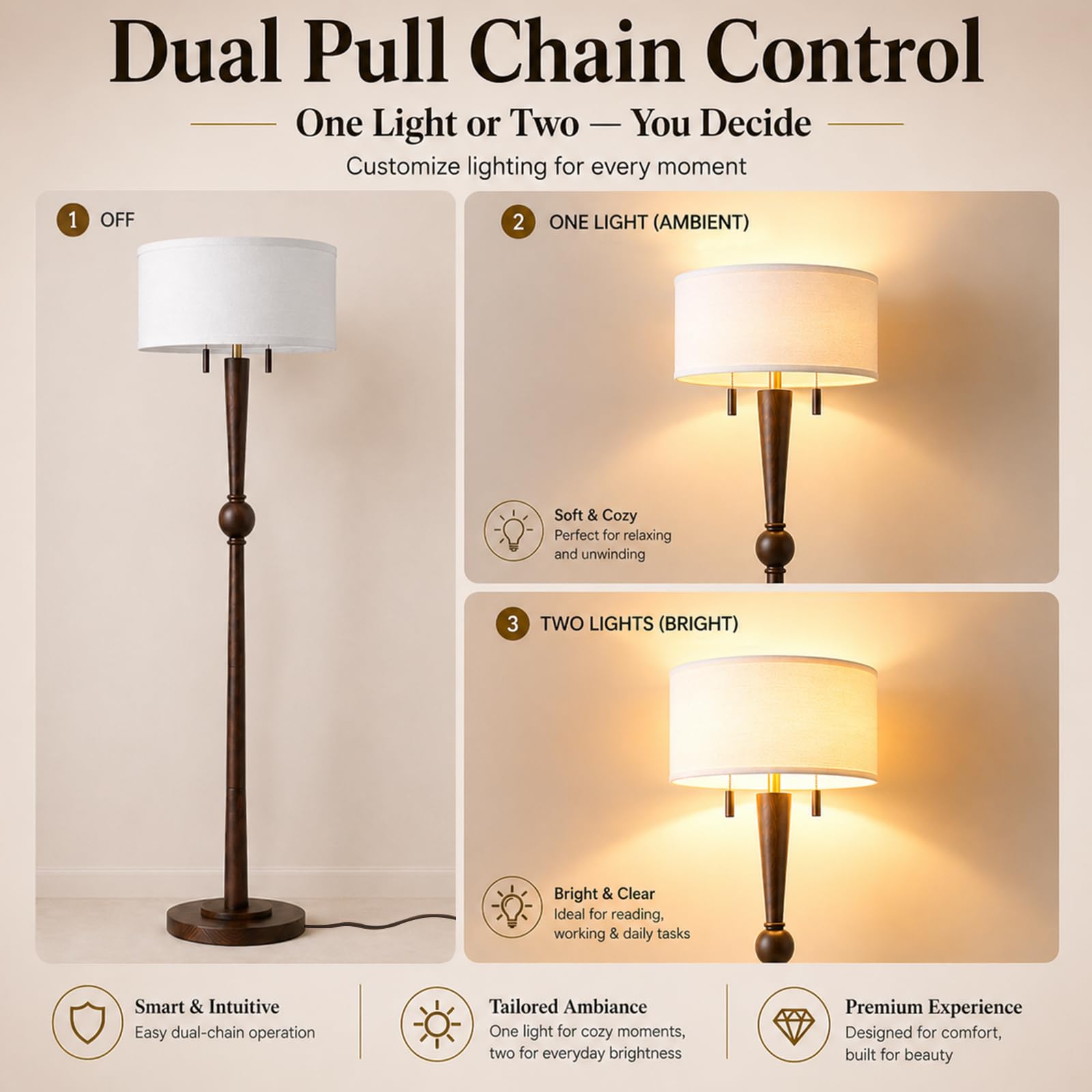 MOFFE 62.8" Solid Oak Wood Floor Lamp, Tall Standing Lamp with 2-Light Pull Chains, 17" White Linen Drum Shade, Sculptural Wood Base & Stem, Includes 2 LED Bulbs for Living Room, Bedroom, Office