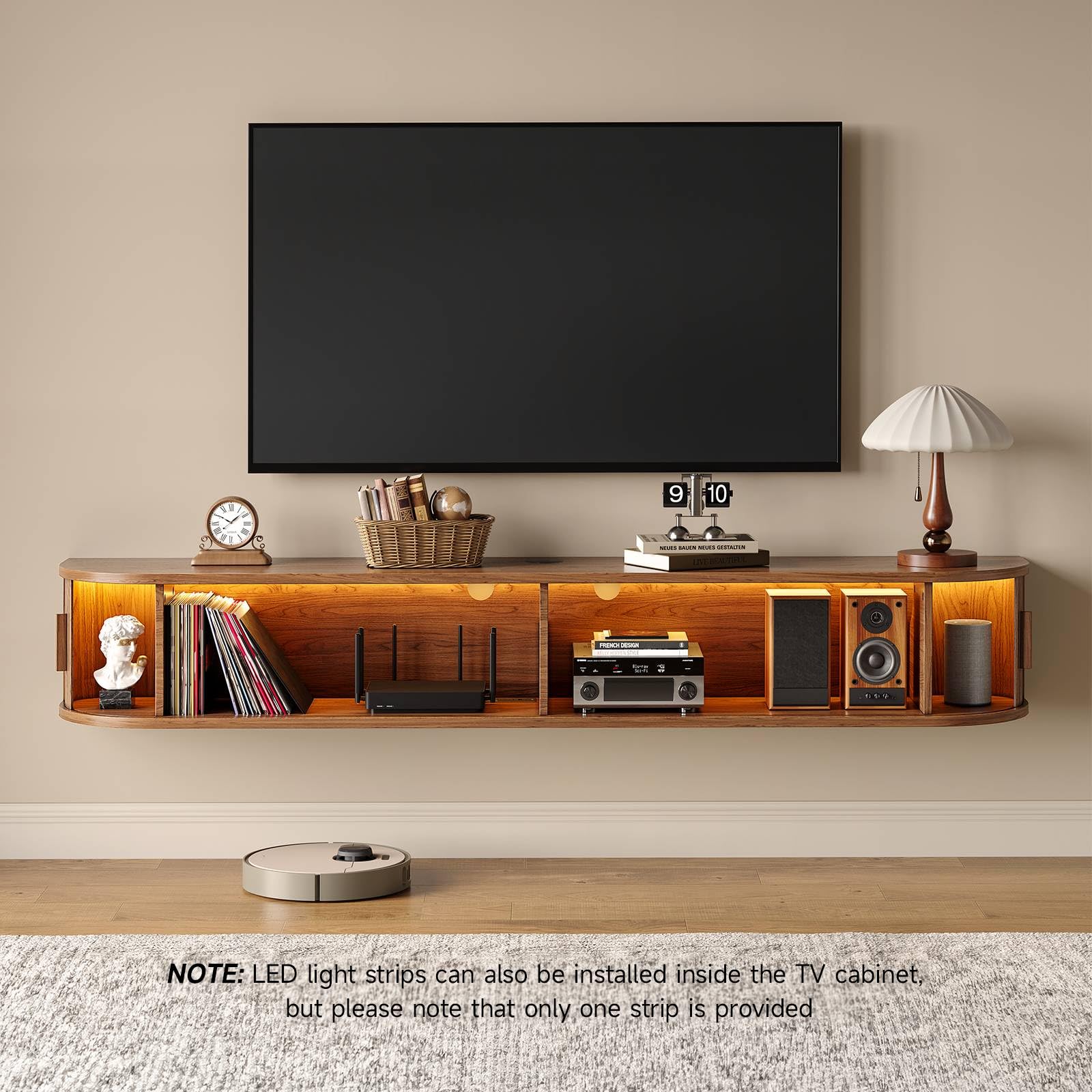 63" Floating TV Stand with Power Outlet for TVs up to 75", Fluted Entertainment Center with Remote Control for LED Lights, Mid-Century Modern TV Console w/Sliding Door for Living Room, Bedroom Walnut