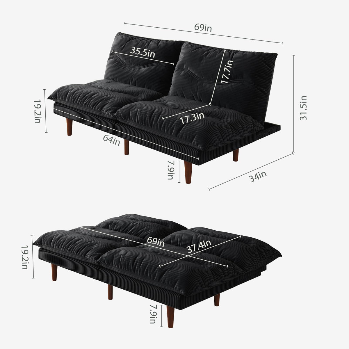 DreamDashio Futon Sofa Bed, 69 inch Futon Couch with Adjustable Backrest, Corduroy Convertible Sleeper Sofa Bed, Folding Sleeper Recliner for Apartment, Living Room, Office, Black