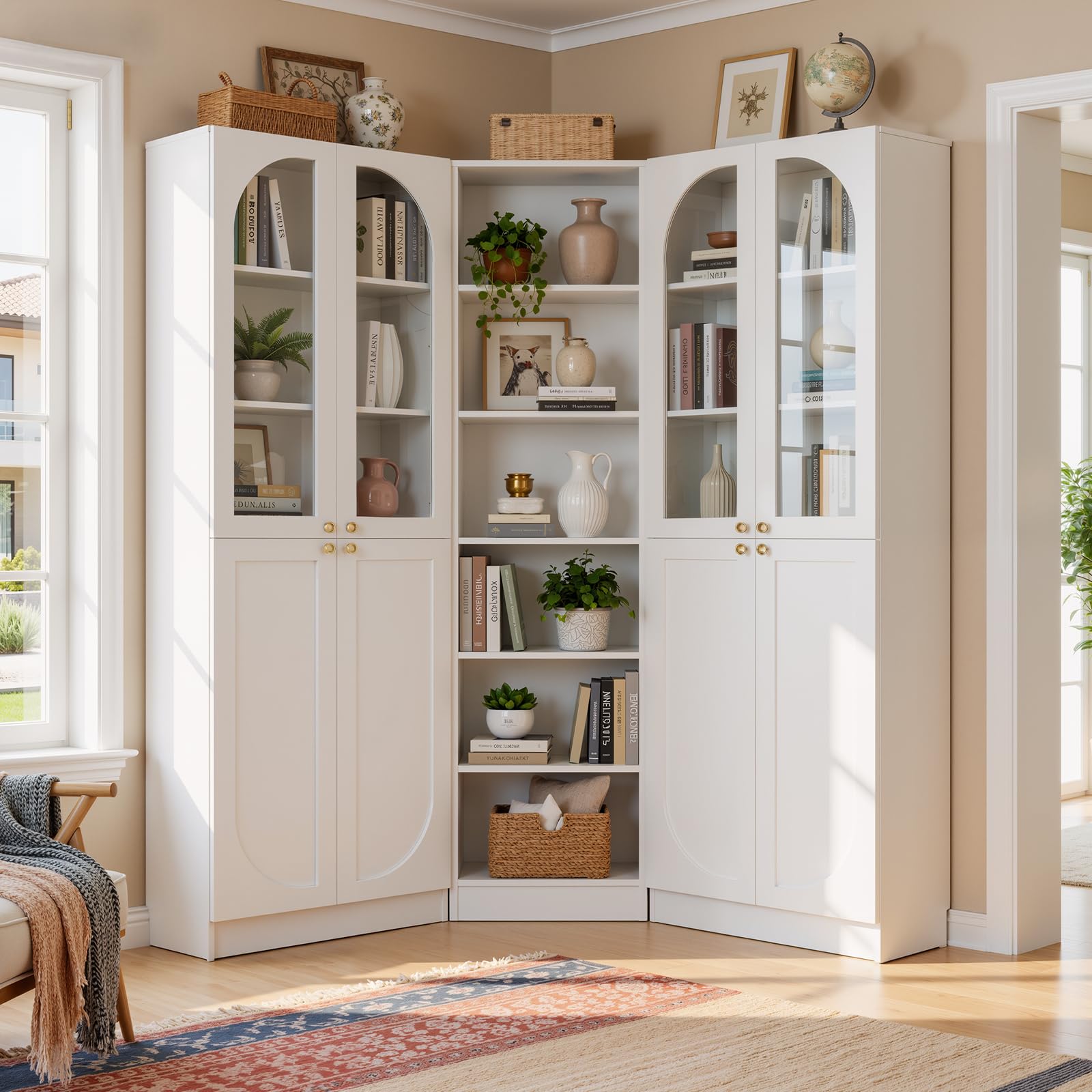Cyclysio 80" Tall Bookcase System with 4 Tempered Glass Doors, Arched Corner Bookshelf with 6-Tier Open Shelves, Wooden Pantry Storage Organizer with Baseboard Cutout for Living Room