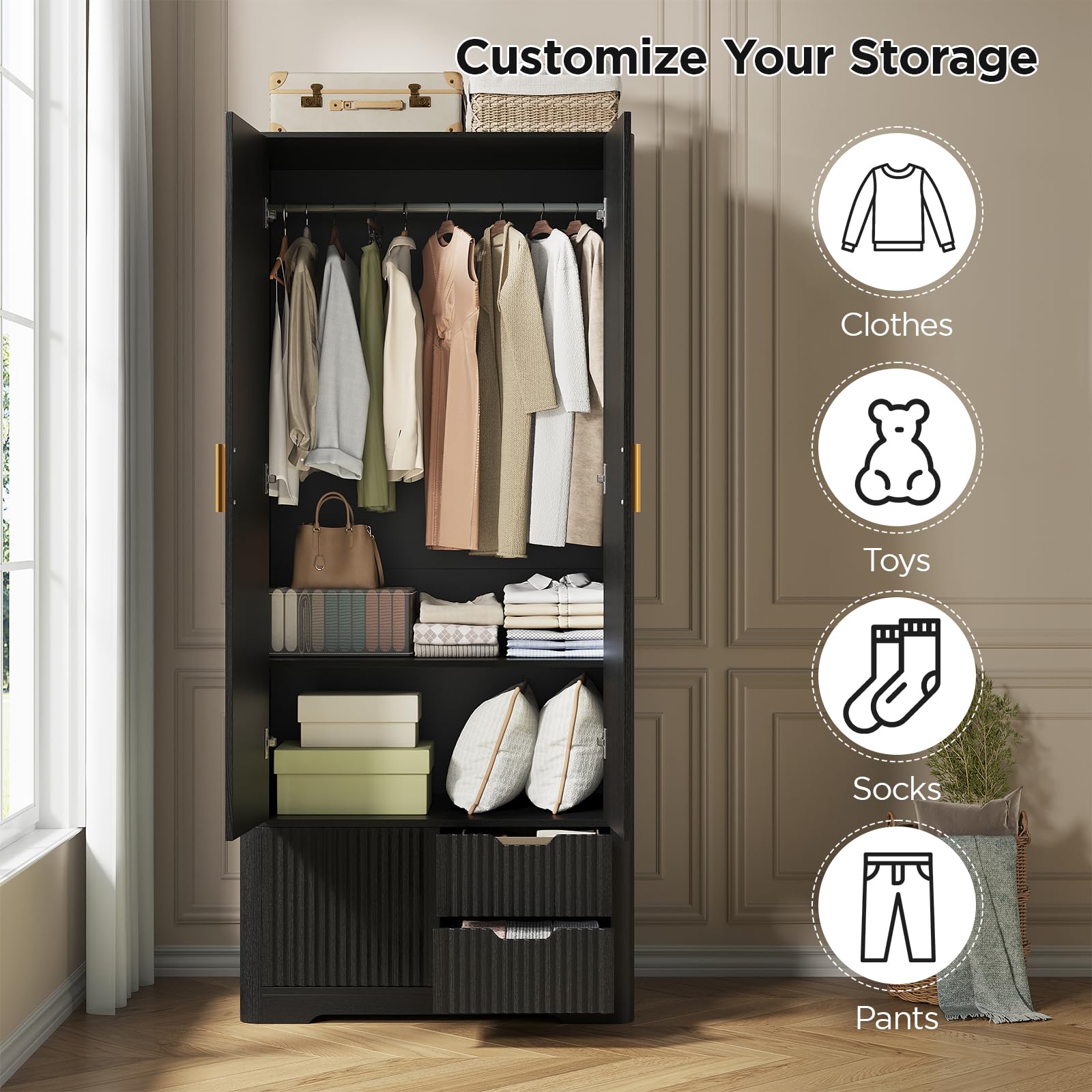 Vabches 71” Tall Armoire Wardrobe Closet with 2 Drawers and Shelves, Large Wooden Wardrobe Cabinet with Hanging Rod, Sliding Cabinet, Modern Fluted Clothing Storage Cabinet for Bedroom, Black