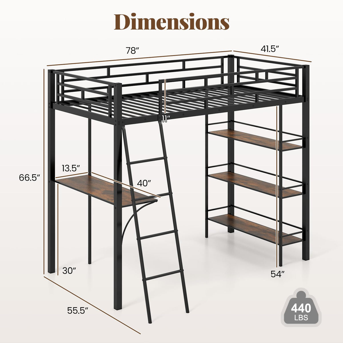 GIANTEX Twin Size Loft Bed with Desk & Shelves, Metal Bed Frame with Inclined Ladder & Full-Length Guardrails, High Loft Bed for Kids, Teens, Home, Dorm, Apartment, No Box Spring Needed