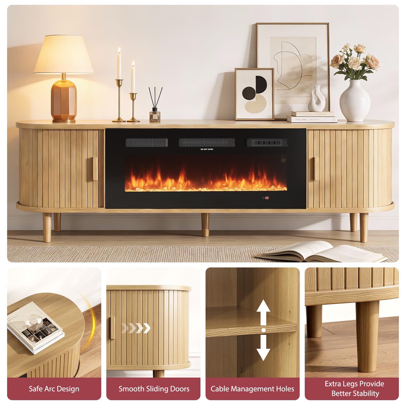 70" Fluted Fireplace TV Stand with Sliding Door