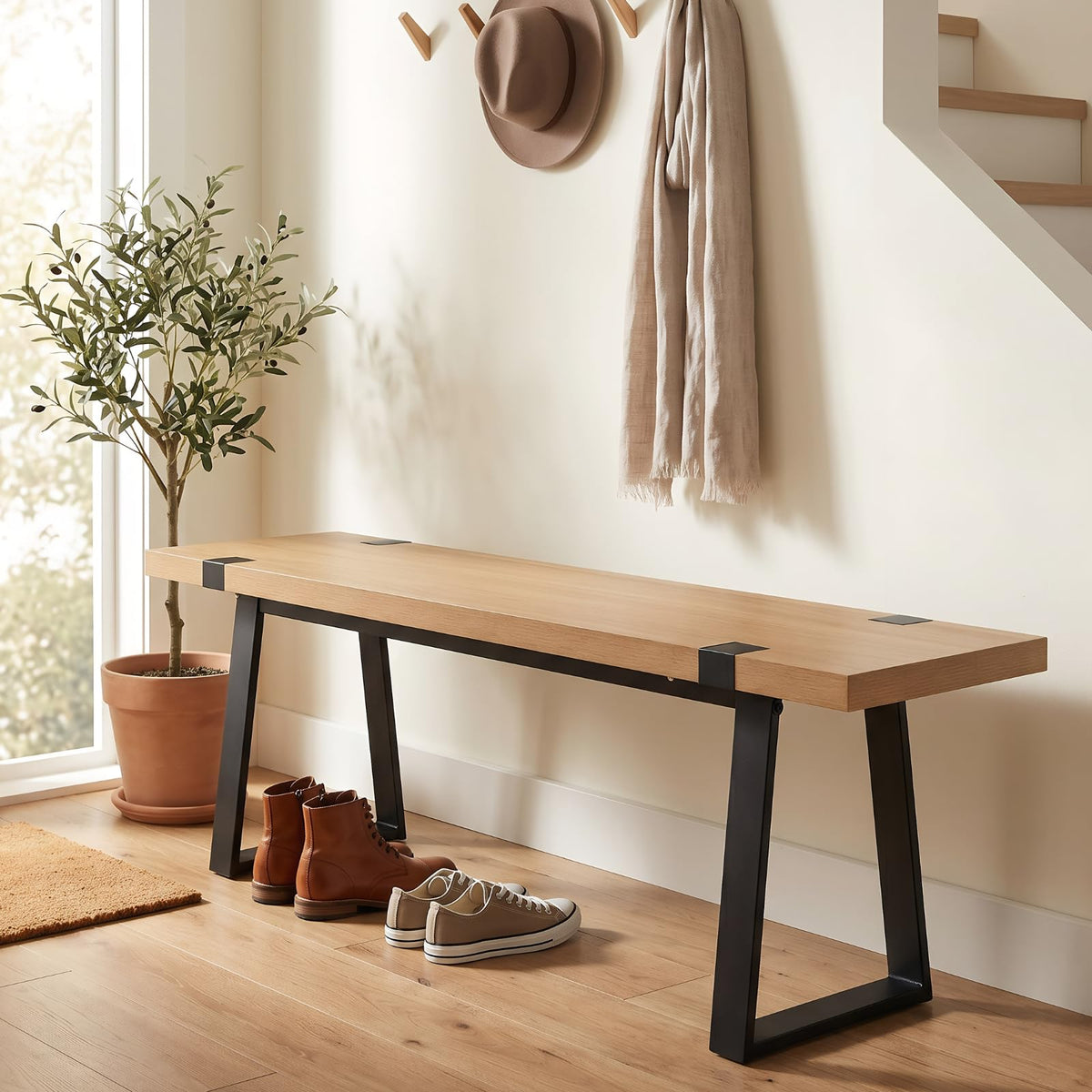 Natural Wood Slatted Bench