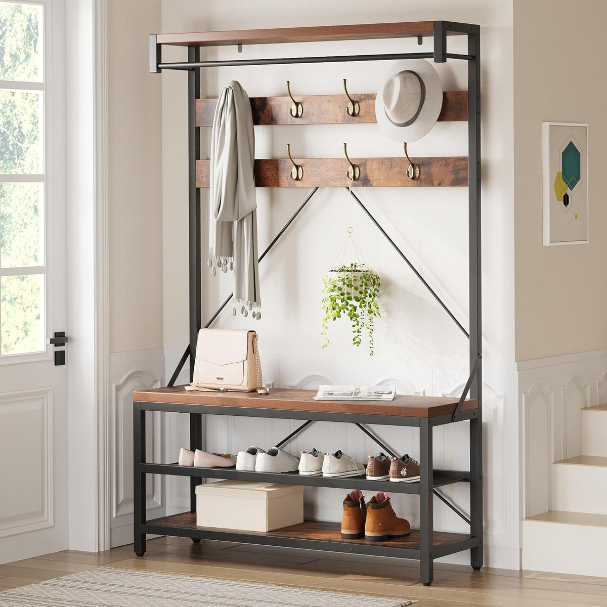 Hall Tree with Shoe Storage Bench, 100cm Entryway Coat Rack, Metal Frame Hallway Bench with Clothes Organizer, Multifunctional Shoe Rack Bench for Hallway, Sturdy Particleboard Seating for Entryway