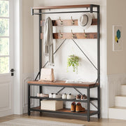 Hall Tree with Shoe Storage Bench, 100cm Entryway Coat Rack, Metal Frame Hallway Bench with Clothes Organizer, Multifunctional Shoe Rack Bench for Hallway, Sturdy Particleboard Seating for Entryway