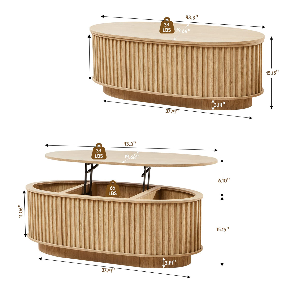 Oval Fluted Lift-Top Coffee Table