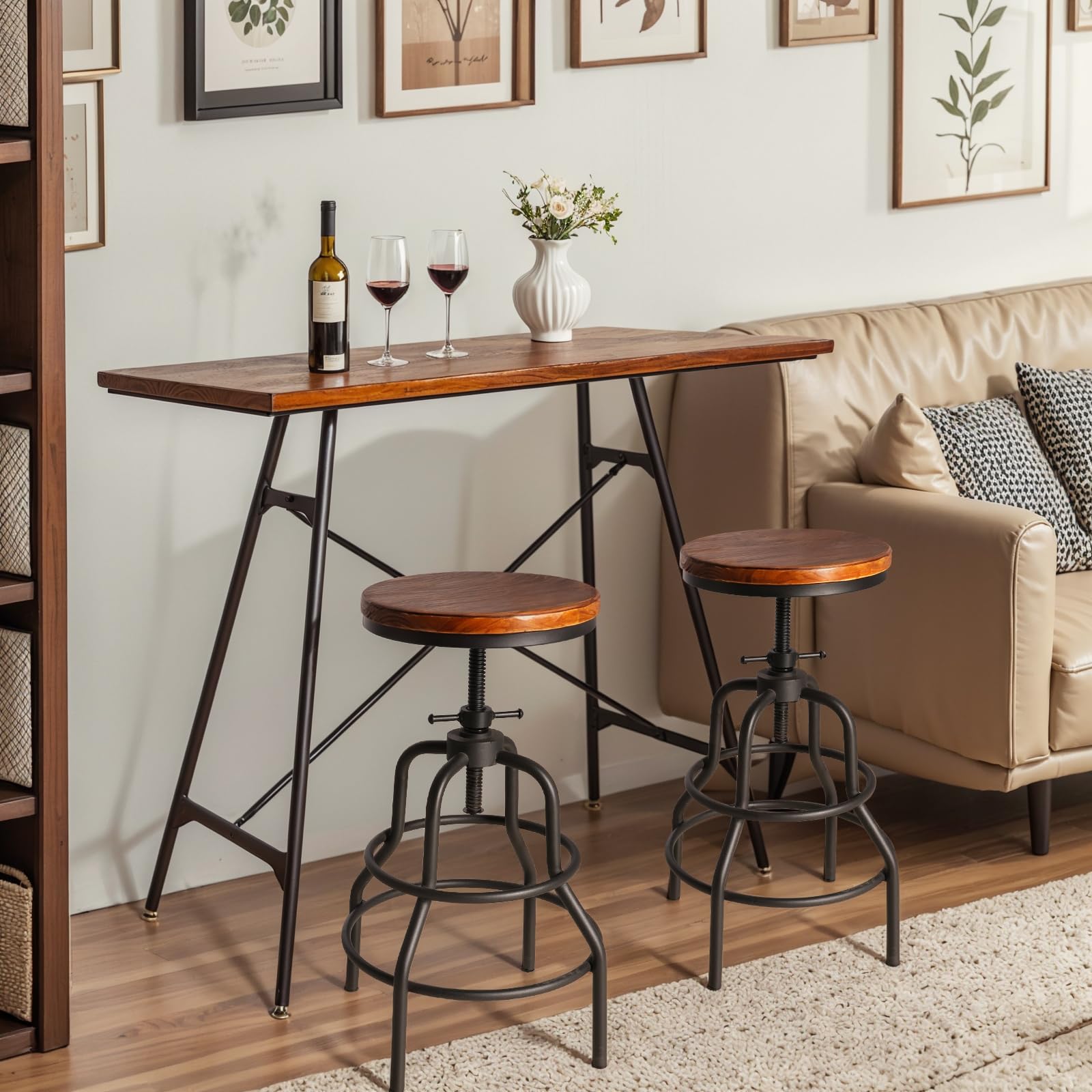 LOKKHAN Modern Industrial High Top Bar Table & Chairs Set with 2 Adjustable Swivel Stools - Black Metal Base & Brown Wood Top - Space-Saving Compact Home Pub Furniture, 45.3" L x 41.34" H