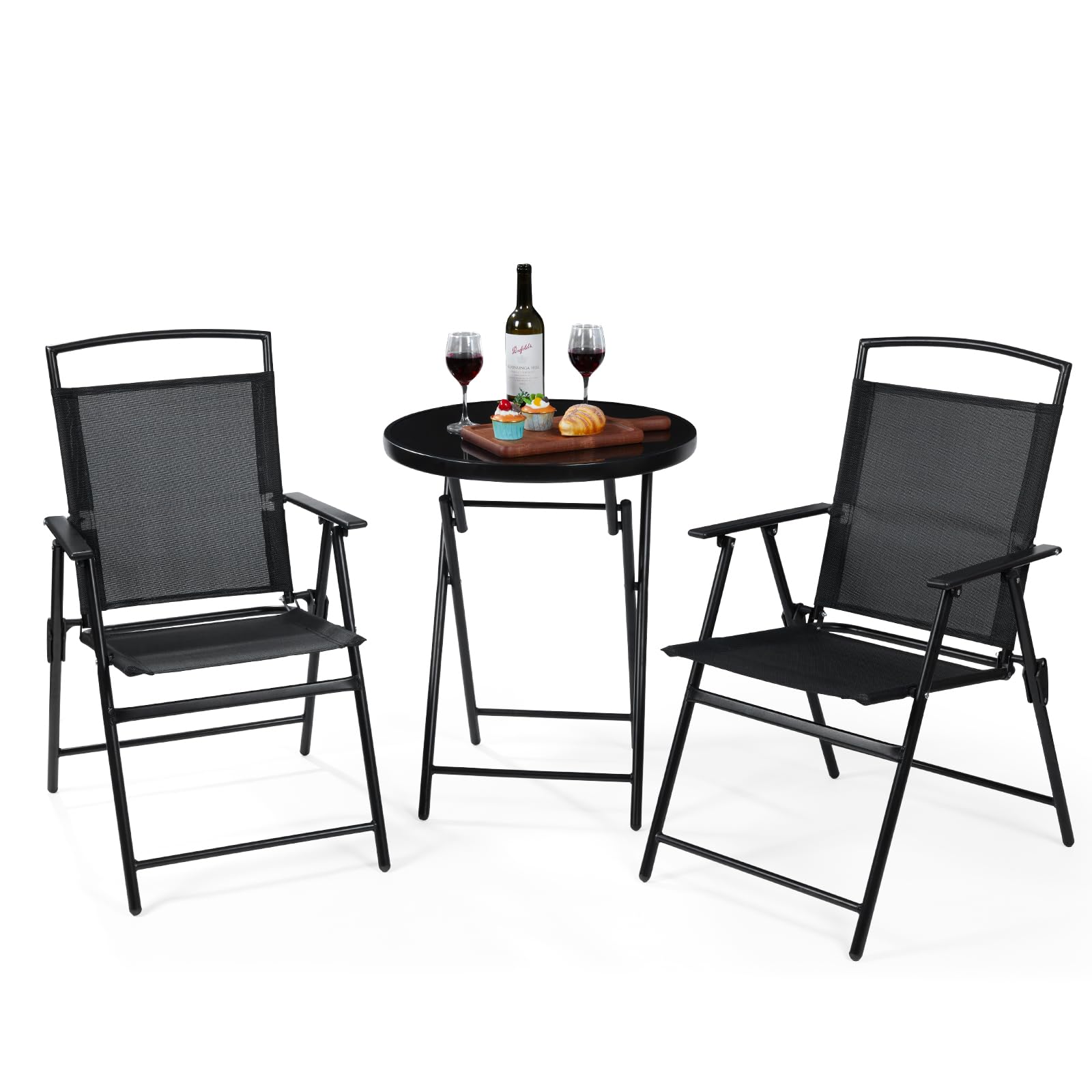 Backyard Expressions 3-Piece Folding Bistro Set – Outdoor Patio Furniture Set with 2 Mesh Chairs & Round Table – Weather-Resistant, Portable & Space-Saving Design for Balcony, Deck, Garden