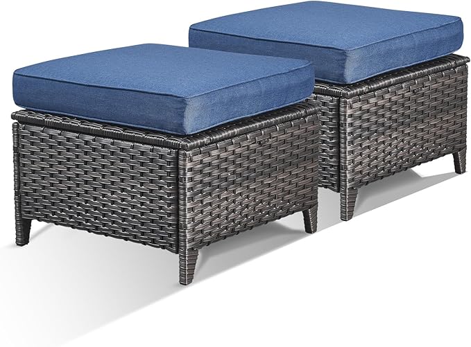 Outdoor Wicker Ottoman Set of 2 with Cushions