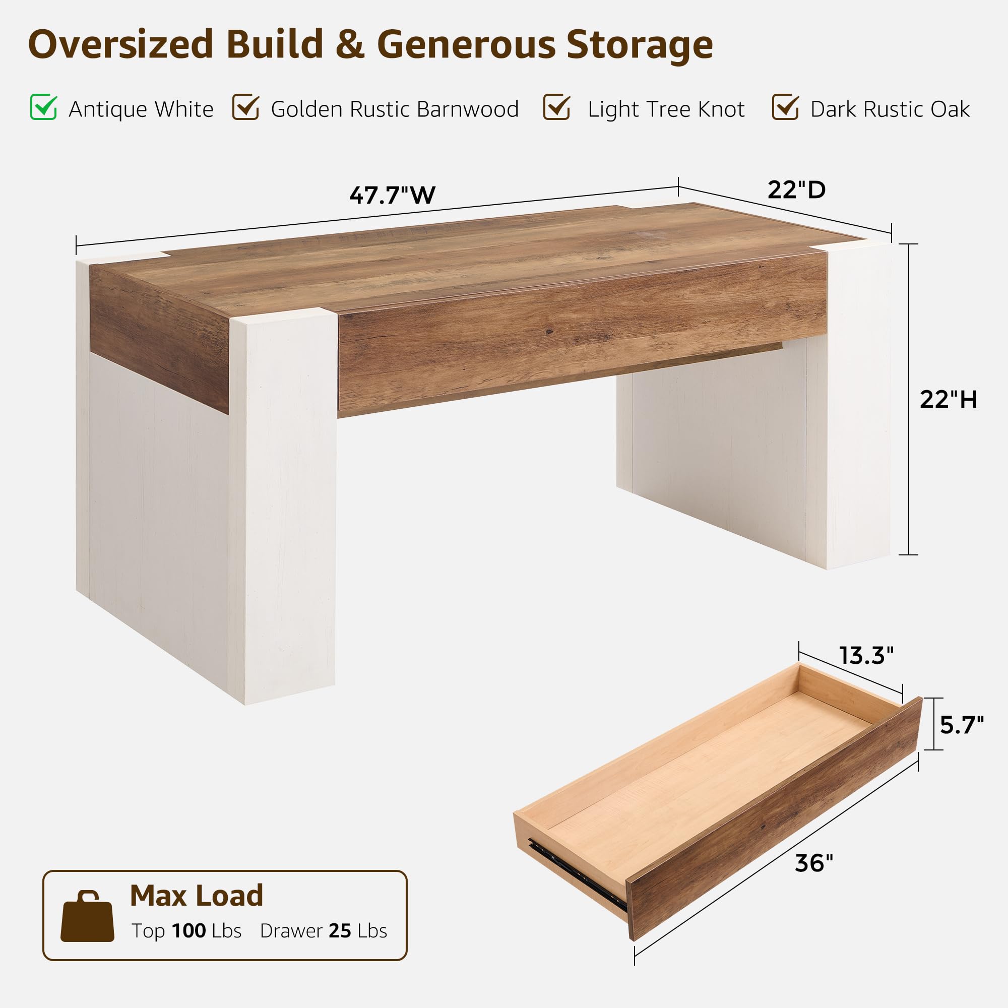 48" Farmhouse Coffee Table with Hidden Storage Drawer