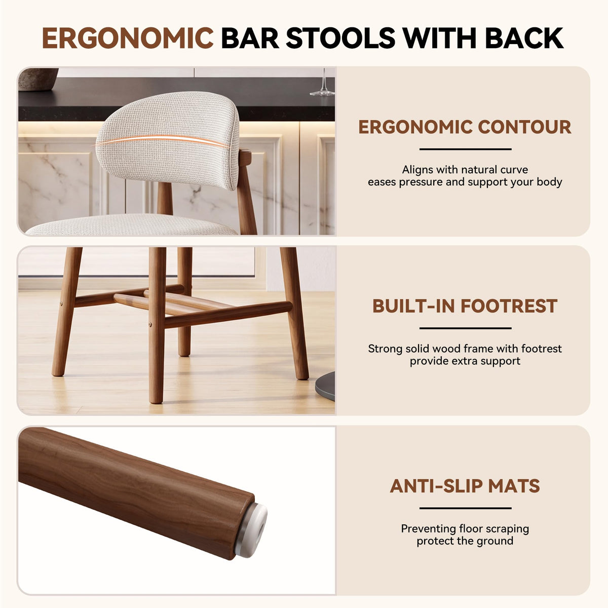 Sinxkaan Bar Stools with Solid‑Wood Frame, for Kitchen & Dining Room (4, Walnut Finish)