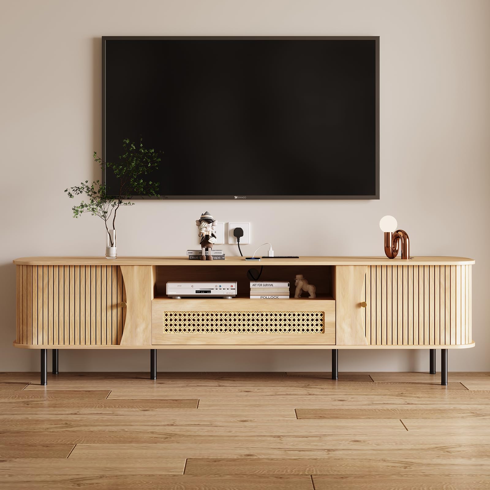 basenji Fully Assembled 71" Mid Century Modern TV Stand with Power Outlet and Sliding Doors, Rattan Entertainment Center with Storage, Wood Media Console,TV Consoles for Living Room, Wood